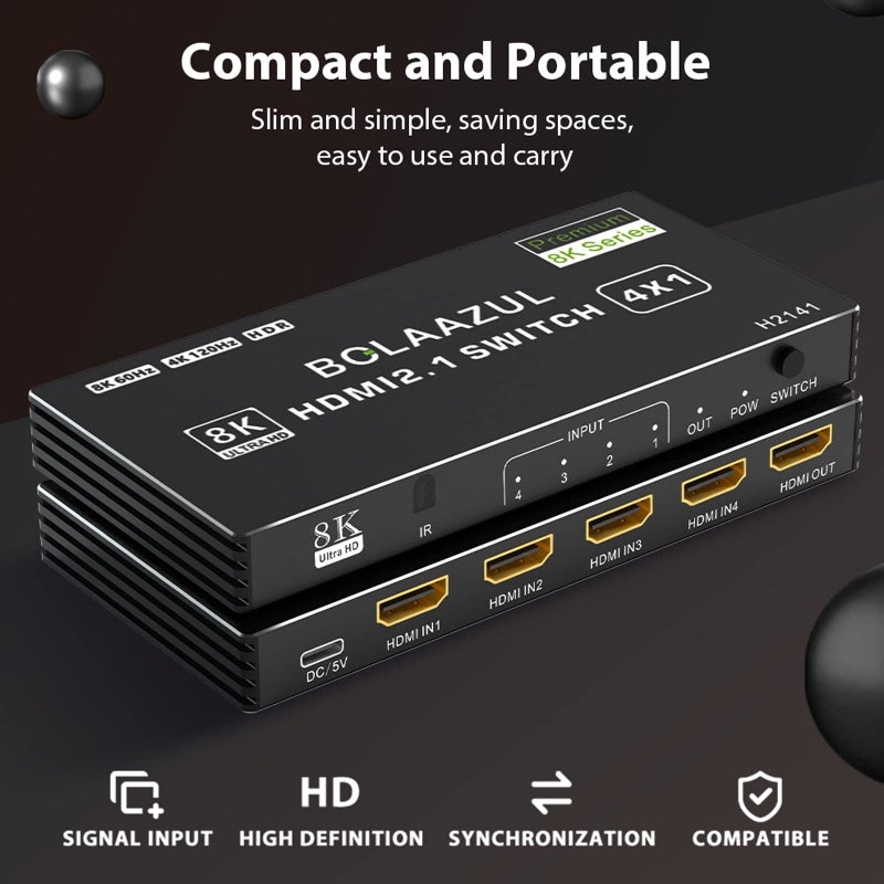 BolAAzuL 8K HDMI 2.1 Switch 120Hz 4K 4 in 1 Out, 8K@60Hz HDMI 2.1 Splitter Switcher Selector Box 4-Port with Remote 4K 120Hz 2K 144Hz, HDMI 4x1 HDR, 48Gbps, CEC, Dolby Vision, for Xbox Series X PS5 - Image 5